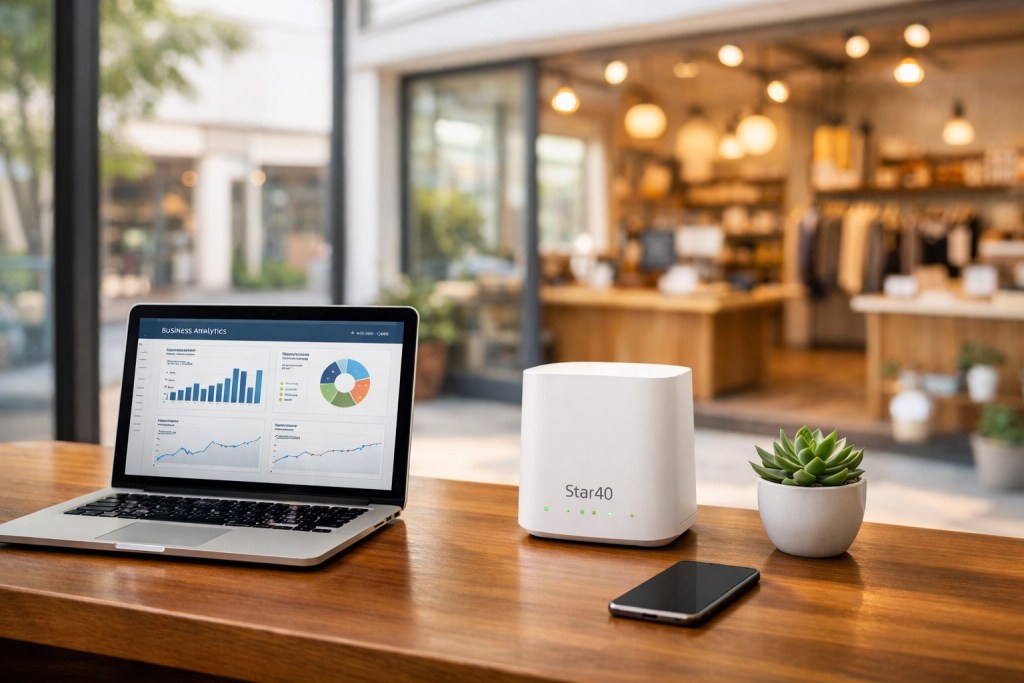 Laptop and Star40 business internet router on a clean desk in a modern office.