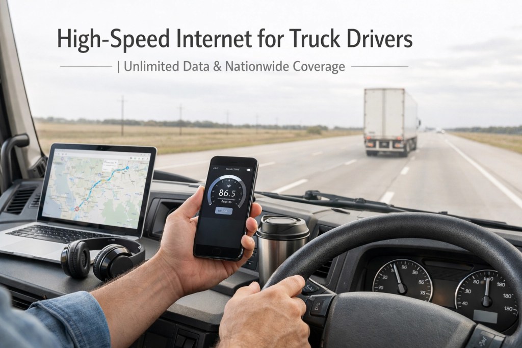 Laptop and mobile hotspot inside a modern truck cab with high-speed, unlimited internet for truck drivers.