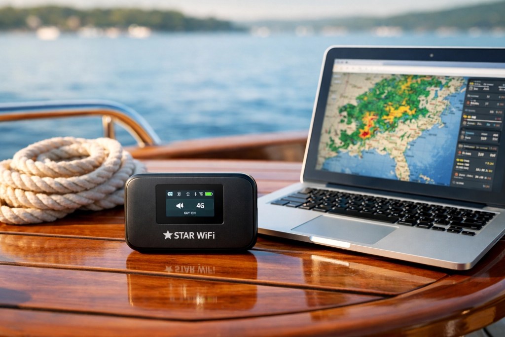 A sleek boat docked at a sunset marina with a Star Wifi device on deck providing high-speed internet.